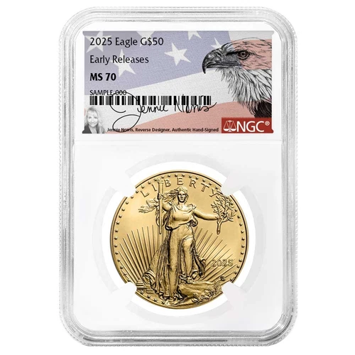 2025 $50 1-oz American Gold Eagle NGC MS70 ER Jennie Norris Eagle Signature L...