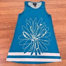 Papillon teal white sleeveless mini crewneck shift shirt dress size medium M b4