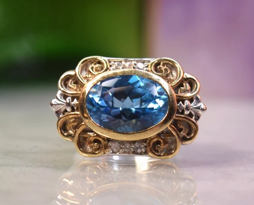 Vintage Sterling Gold Vermeil 7.3 ct Blue & White Topaz Ring sz 5.25