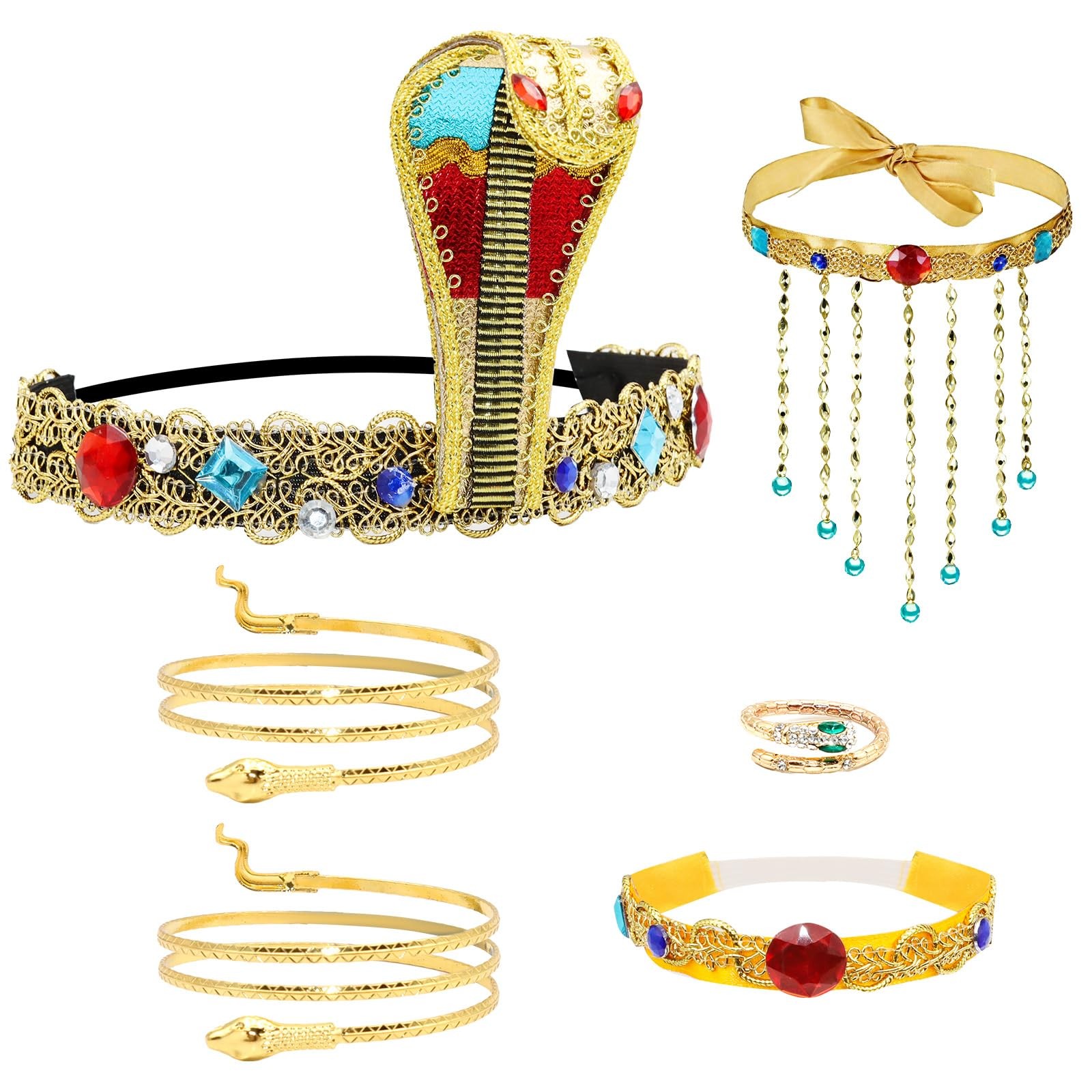 Déguisement Cléopâtre 6 pièces avec accessoires dorés pour fête égyptienne adulte