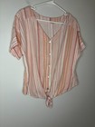 COMO Vintage Linen Blend Striped Tie Front Top Women L Pink White V-Neck Cottage