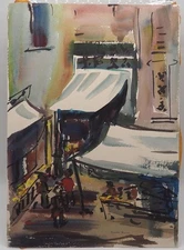 Watercolor Painting Ink Drawing on Paper Market Bertha Bailey circa 1960