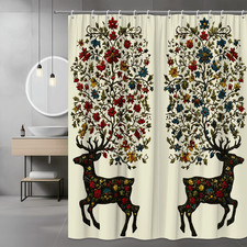 Deer Floral Tree Shower Curtain, Red Blue Botanical Print
