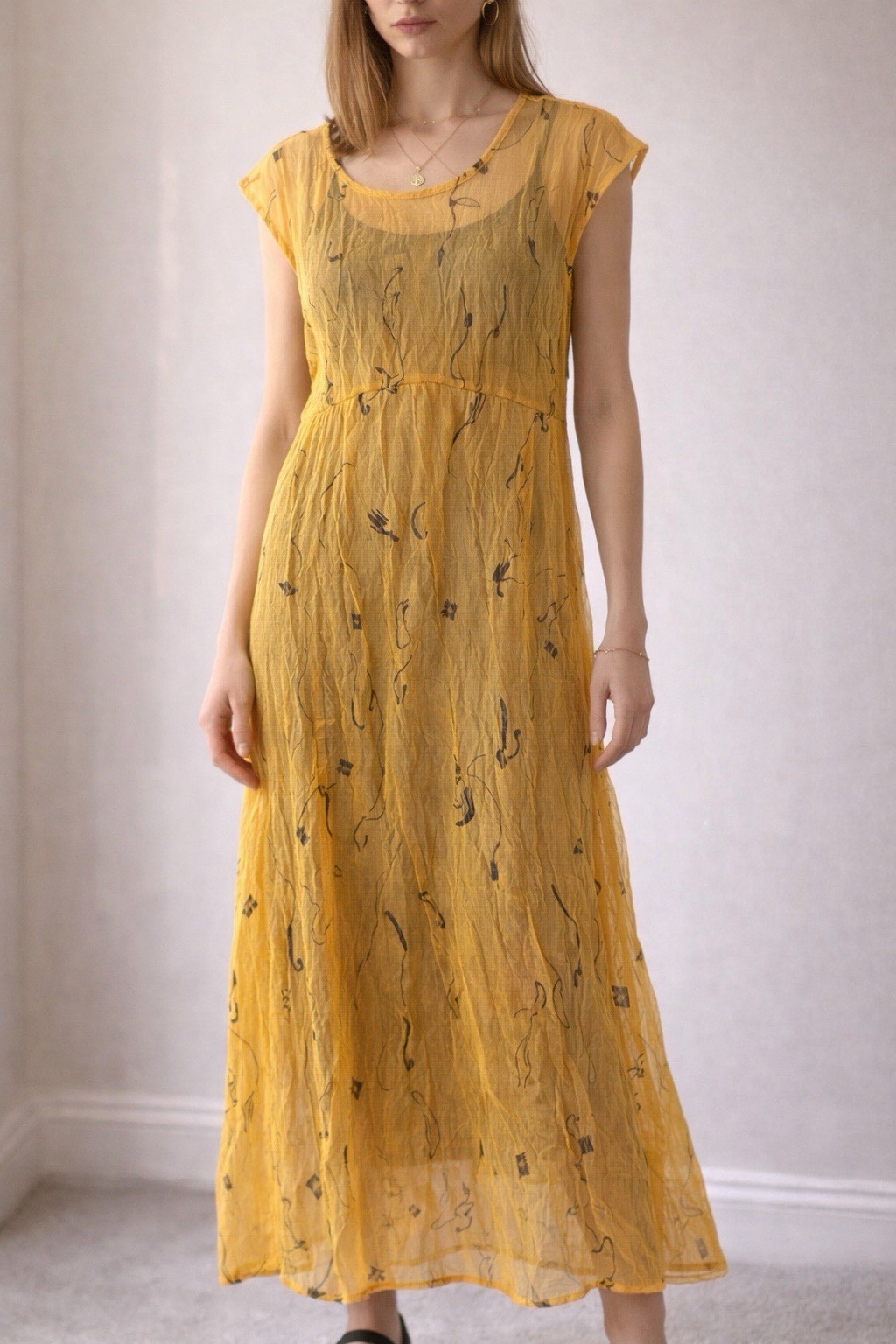 Zara Crinkle Sheer Maxi Dress Yellow Abstract Print Textured Mesh Overlay M