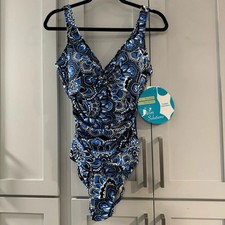 NWT Swim Solutions Blue Floral Mandala One Piece Swimsuit w/ Ruching size 16