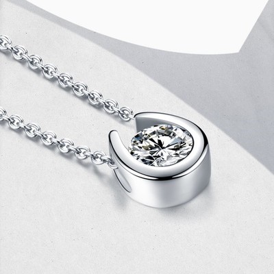 925 Sterling Silver Horseshoe Necklace 1ct D-VVS1 Moissanite Bezel GRA