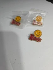 1980's 2 Wendy's Employee  "SMILE FACE" Happy Times Logo Pin Scarce Vintage NOS