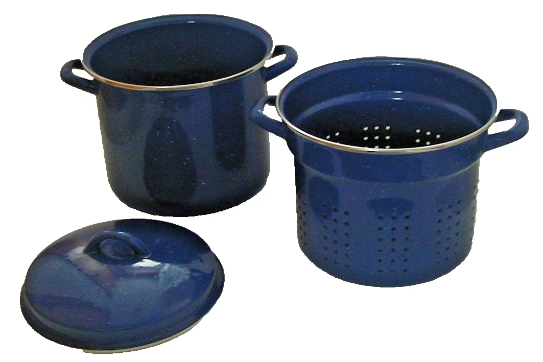 NEW Marlboro 6 Qt Blue Enamel Speckled Stockpot with Strainer/Steamer + Lid