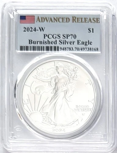 2024 W BURNISHED SILVER EAGLE W MINT MARK ADVANCED RELEASE PCGS SP70/MS70 FLAG