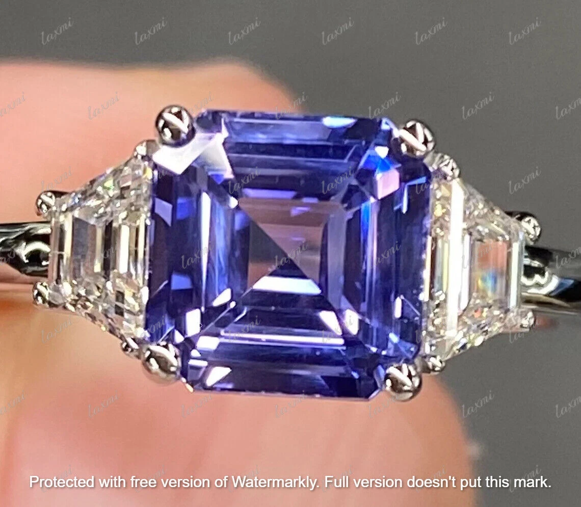 2.50Ct Asscher Blue Tanzanite Three Stone Engagement Ring 14K