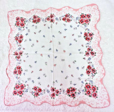 Vintage Hankie Sweet Pink Floral Garland Blue and White w Fluffy Scrolls 11 1/2