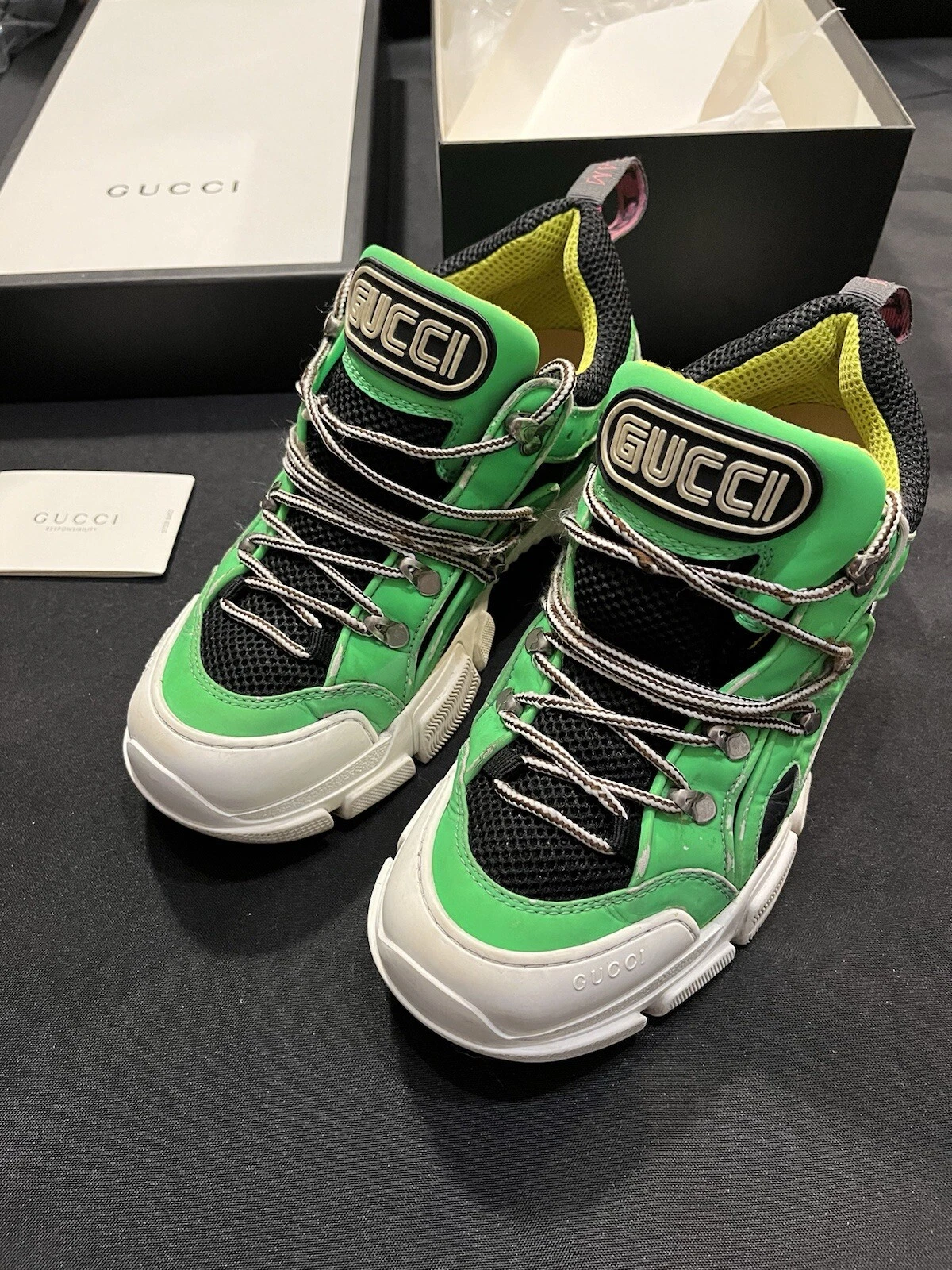 BASKETS DE RANDONNÉE GUCCI FLASHTREK VERT FLUO NOIR CHAUSSURES GG 7 HOMMES US 8 AUTHENTIQUES