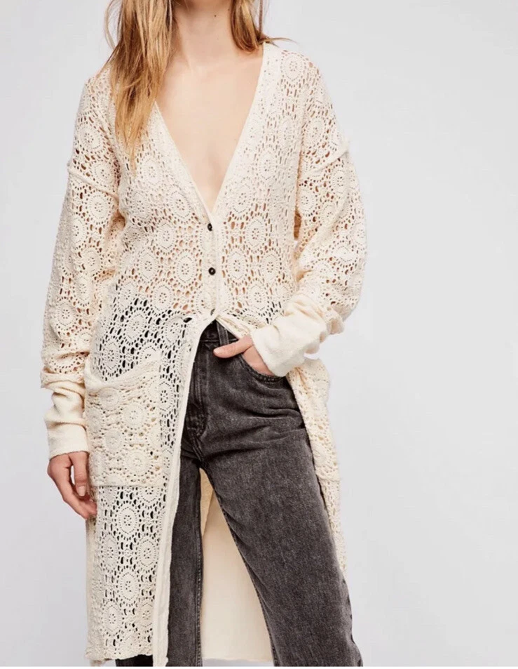 FREE PEOPLE RUNAWAY CROCHET DUSTER CARDIGAN SWEATER SIZE LARGE L