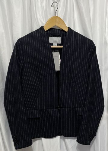 H&M Womens menswear inspired wool Blend Navy Pinstripe Collarless Jacket 10 - Picture 1 of 7