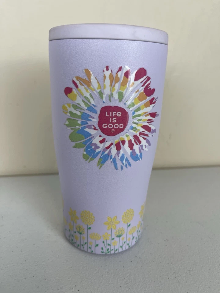 Vaso floral Life is Good blanco amarillo flores acero inoxidable aislado 12 oz Foto 3 de 4