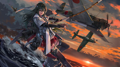 Anime girls art 2d portrait aircraft vehicle dark hair CCG Gaming Mat Desk