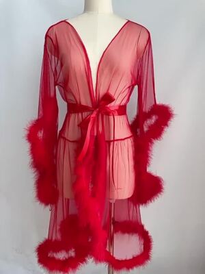mesh dressing gown with fur trim Fur Mesh Robe