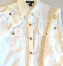 Lauren Ralph Lauren 100% Linen Blouse P/L 3/4 Sleeve Roll Tab Anchor Coastal