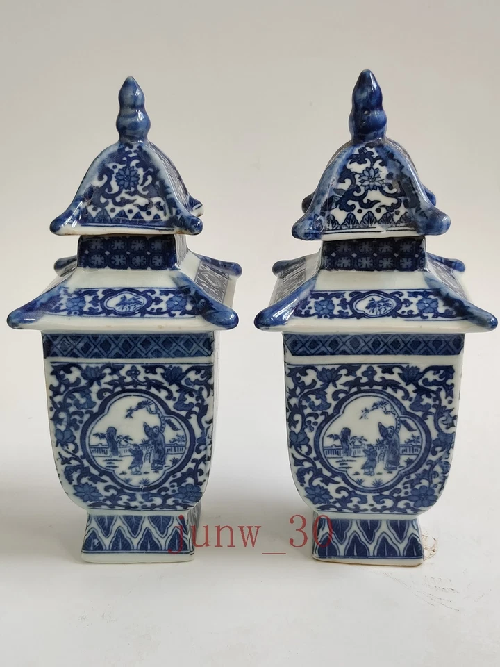 Antiguo tarro de porcelana azul y blanco pagoda en la antigua China 2 piezas Foto 2 de 4