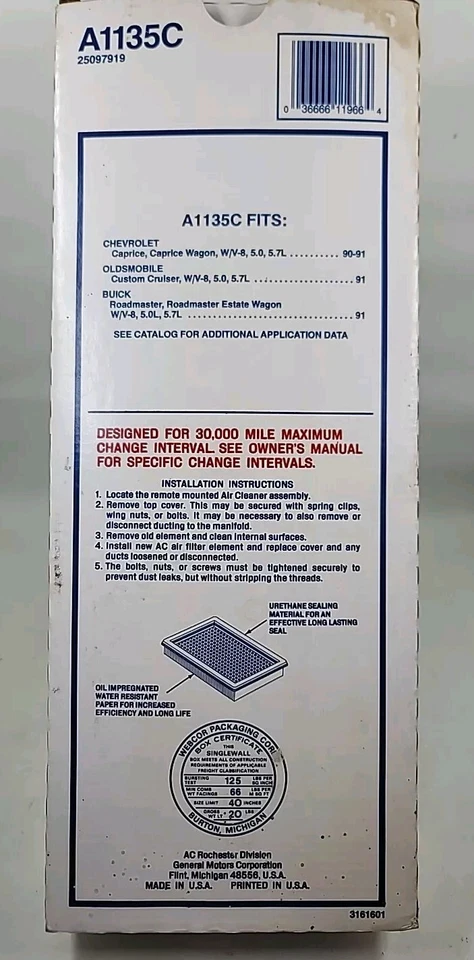 ACDelco A1135C Air Filter 1991-93 Olds Cruiser Chevy Caprice Buick Roadmaster - Image 3 of 4
