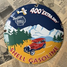 VINTAGE SUPER SHELL GASOLINE 400 EXTRA DRY 12 INCH CONVEX PORCELAIN ENAMEL SIGN