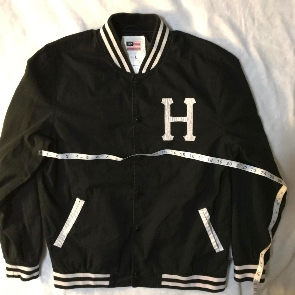 HUF Black Varsity Jacket Size L Letterman Skater Streetwear View 4