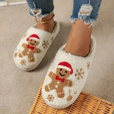 Women s Winter Slippers Soft Plush Indoor Shoes Christmas Gingerbread Embroidery