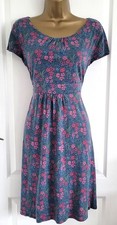 SEASALT Blue print Bamboo Mix Jersey  Short Sleeved Flared Dress Size UK 14