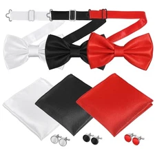 3sets Men Bow Tie, Mens Bow Ties Set with Pocket Square, Cufflinks, Adjustable 