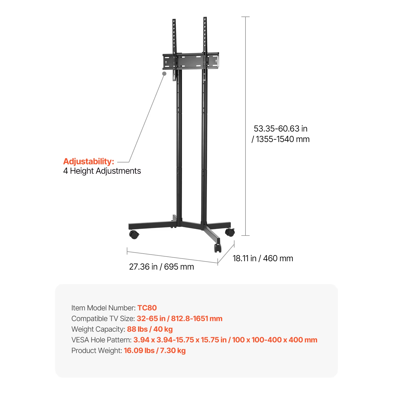 Rolling TV Stand Mobile TV Cart w Wheels Portable for Home Office