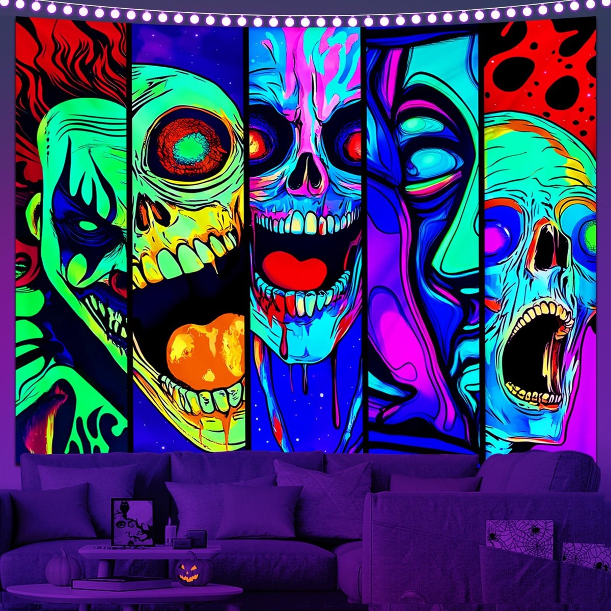 Blacklight Halloween Horror Decor Tapestry for Bedroom, Black