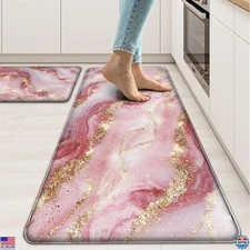 Chic Gold Pink Marble Kitchen Mats - 2-Piece Anti-Fatigue Non-Slip Waterproof