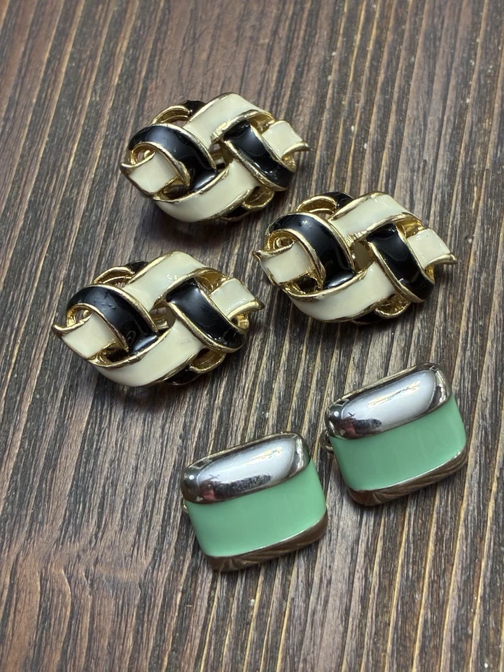 Lote de 2 Pendientes de Clip Joyería de Moda Blanco y Negro, Verde y Plata Foto 2 de 3