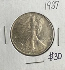 1937 Walking Liberty Half Dollar 90% Silver Great Coin No Reserve 2x2 Holder
