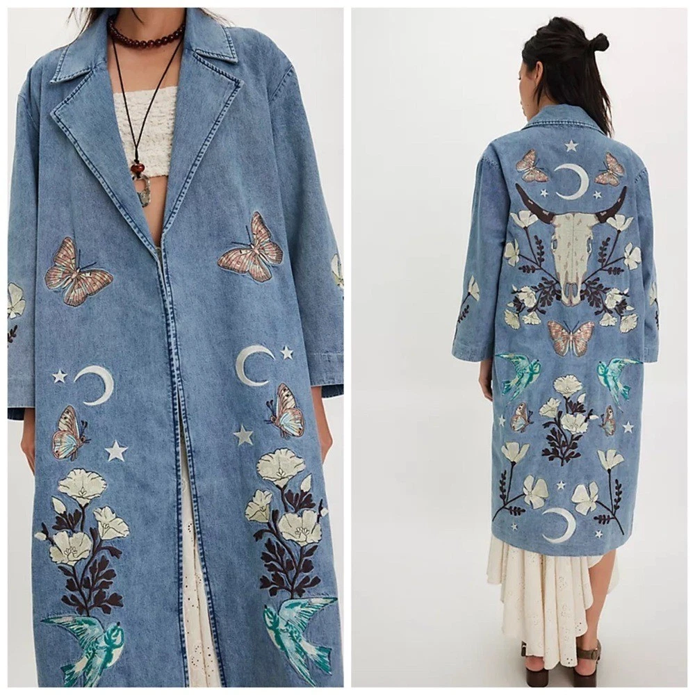 Free People Denim & Bone Buffalo Denim Duster Butterfly Floral