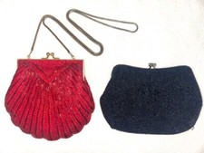 2 Vintage 1940's Beaded Evening Hand Shoulder Bag Navy Blue  Red Scallop