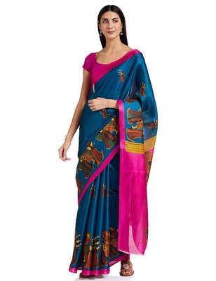 Women's Traditional Print Khadi Silk Saree with Unstitched Blouse Piece, Turquoi
