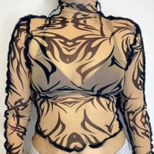 Sheer Nude Tribal Mesh top 90s Y2K Summer Tops goth tattoo shirt