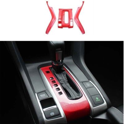 Gear Shift Panel Central Console Carbon Fiber Red For Honda Civic 10th 16-2021