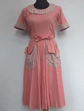 Vintage 1950s Pink Wrap Dress Gray Stripe Trim Jay Ann (B-39" W-26"-30" H-38")