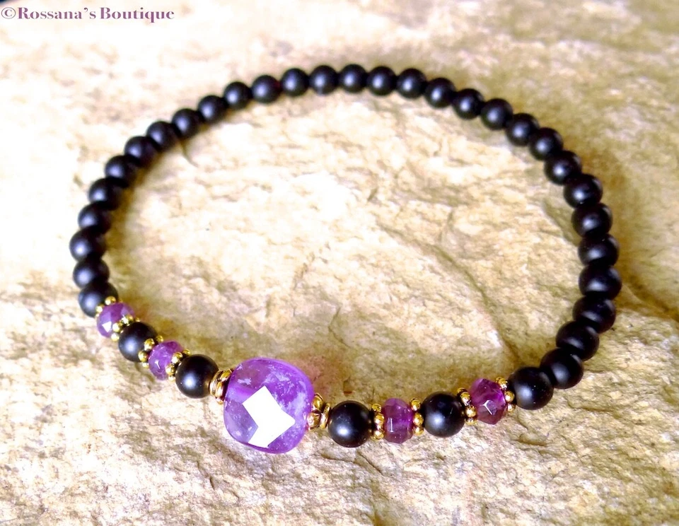 Pulsera de cuentas de amatista y ónix negro de 4 mm, curación de chakras, piedra de nacimiento de febrero Foto 2 de 4