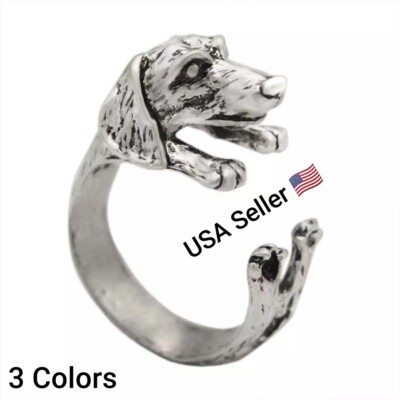 Adjustable Dog Open Rings Antique Bronze Realistic Dachshund Puppy Animal 3D Dog