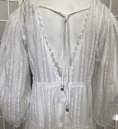 Babydoll White Stripes/Silver Thread Tiered V-Neck Dress M Tassel Tie Coastal - Picture 3 of 18