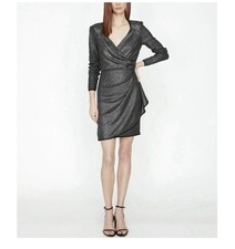 KOTON Shimmer Mini Dress Long Sleeve Party Cocktail Bodycon Black Silver M NWOT