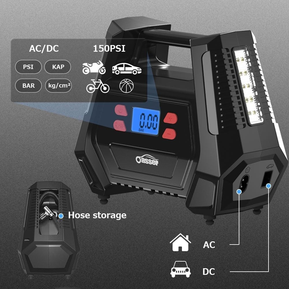 Compressore Aria Gonfiatore Pneumatici 150 Psi - 12V Ac/dc con Luce LED e 5 Ugelli - Miniatura 4
