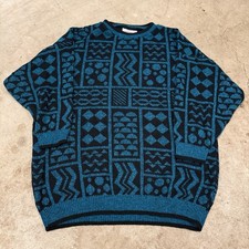 Vtg Sweater Sz Medium Teal Blue Black 80's Geometric Coogie Style Cosby