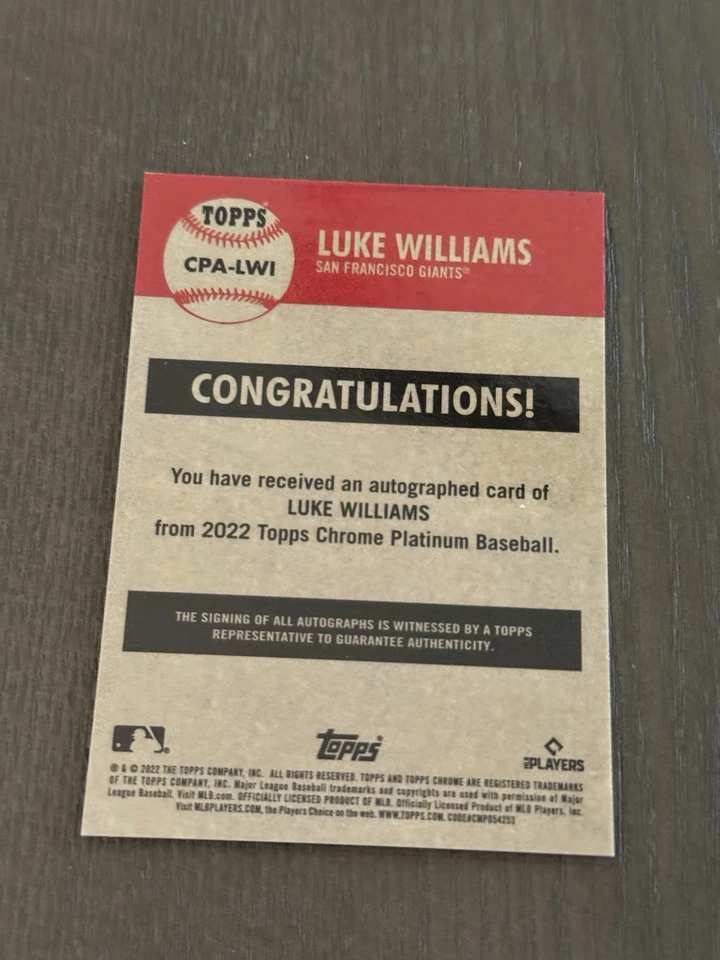 2022 Topps Chrome Platinum Anniversary Autographs LUKE WILLIAMS Auto ROOKIE RC - Image 3 of 4