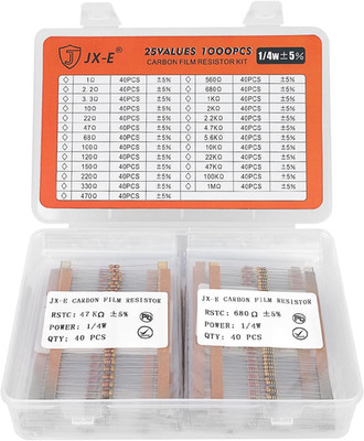Resistors Assortment Kit, 1000 Pcs 25 Values 1 Ohm to 1M Ohm 1/4W Carbon Film Re