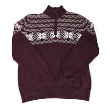 Weatherproof Vintage Mens 1/4 Zip Sweater Fair Isle Knit Cotton Burgundy L