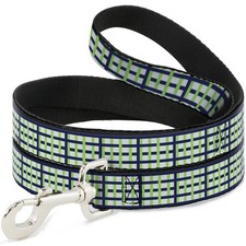 Dog Leash 6-FEET Basketweave Plaid White/Navy/Bright Green